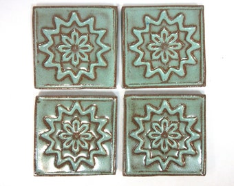 Focal Mosaic Tiles   2-inch Rustic Turquoise Mosaic Center Tiles: set of 4. Geometric  Corner Tiles. Handmade Ceramic Craft Tiles. #T41