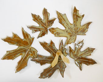 Maple Leaf Handmade Decorative Ceramic Tiles:  Set of 5.  Autumn Table Decor