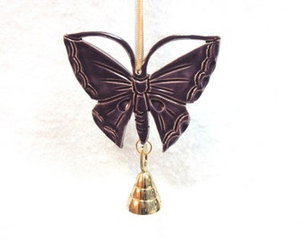 Ceramic Butterfly with Bell Mobile, Handmade Deep Purple Bell and Tile Ornament,  Butterfly Wind Chime, Butterfly Sun Catcher