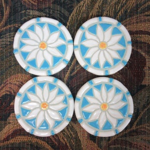 Mosaic Tile Coasters, SHASTA DAISY Handmade Ceramic Mosaic Coasters, Stoneware Mosaic White, Sky Blue Floral Art Set of 4 Felt Backed image 1
