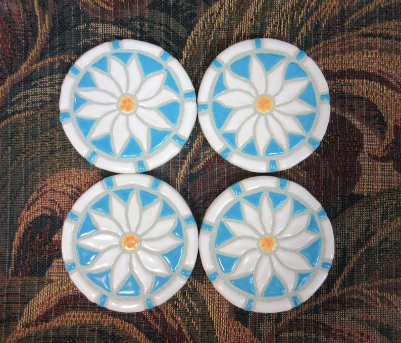 Mosaic Tile Coasters, SHASTA DAISY Handmade Ceramic Mosaic Coasters, Stoneware Mosaic White, Sky Blue Floral Art Set of 4 Felt Backed image 1