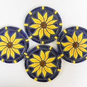 Mosaic Tile Coasters: Handmade Ceramic Tile Coasters Stoneware Art SUNFLOWERS Cobalt / Royal Blue felt backed Set of 4 image 1