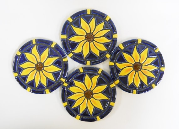 Sunflower Mosaic Tile Coasters, Set of 4, Handmade Ceramic Coasters, Stoneware Art SUNFLOWERS Cobalt / Royal Blue -felt backed