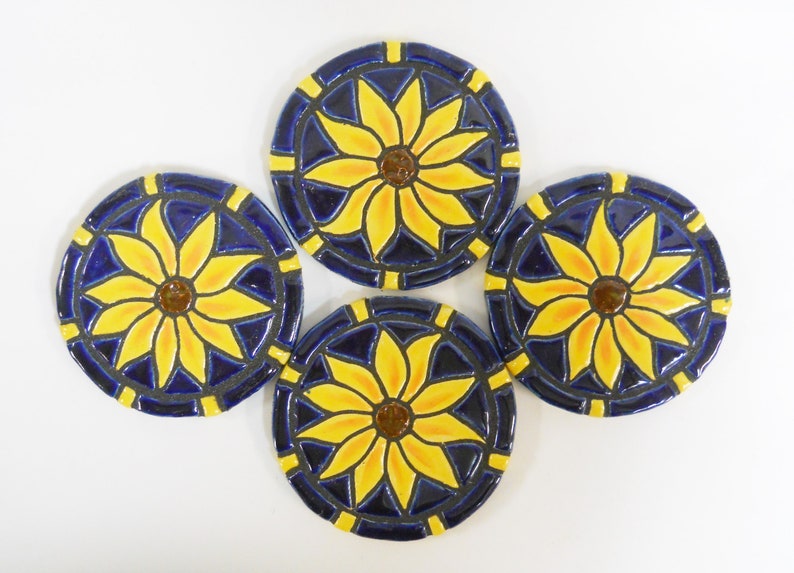 Mosaic Tile Coasters: Handmade Ceramic Tile Coasters Stoneware Art SUNFLOWERS Cobalt / Royal Blue felt backed Set of 4 image 1