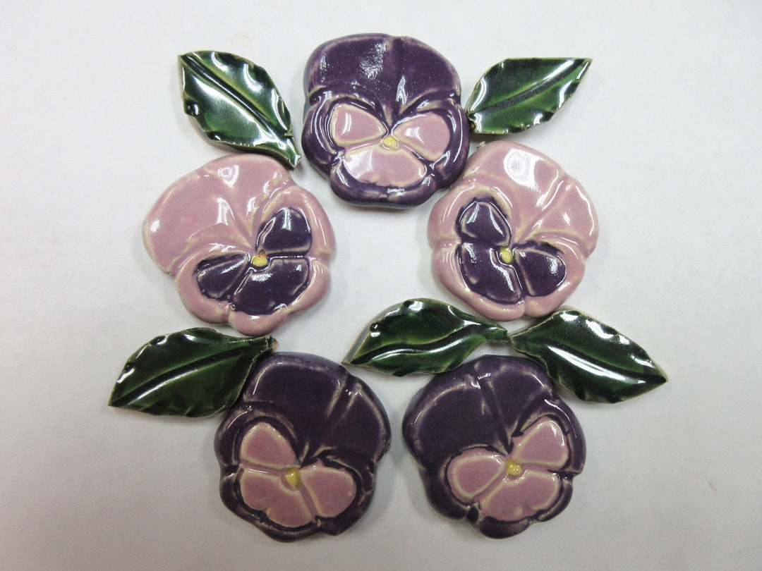 Pansy Mosaic Tiles Handmade Ceramic Craft Tiles 5 Pansies & 5 Leaves