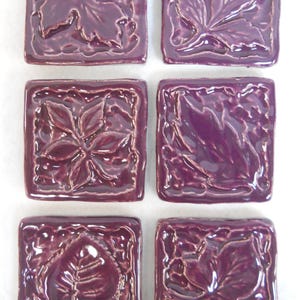 Leaf Mosaic Tiles Handmade Ceramic Craft Tiles: Stoneware Art Tiles Bright Purple Glazed Tiles Set of 6 Mosaic Craft Tiles image 1