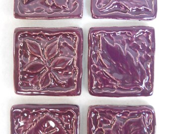 Leaf Mosaic Tiles Handmade Ceramic Craft Tiles: Stoneware Art Tiles Bright Purple Glazed Tiles Set of 6 - Mosaic Craft Tiles
