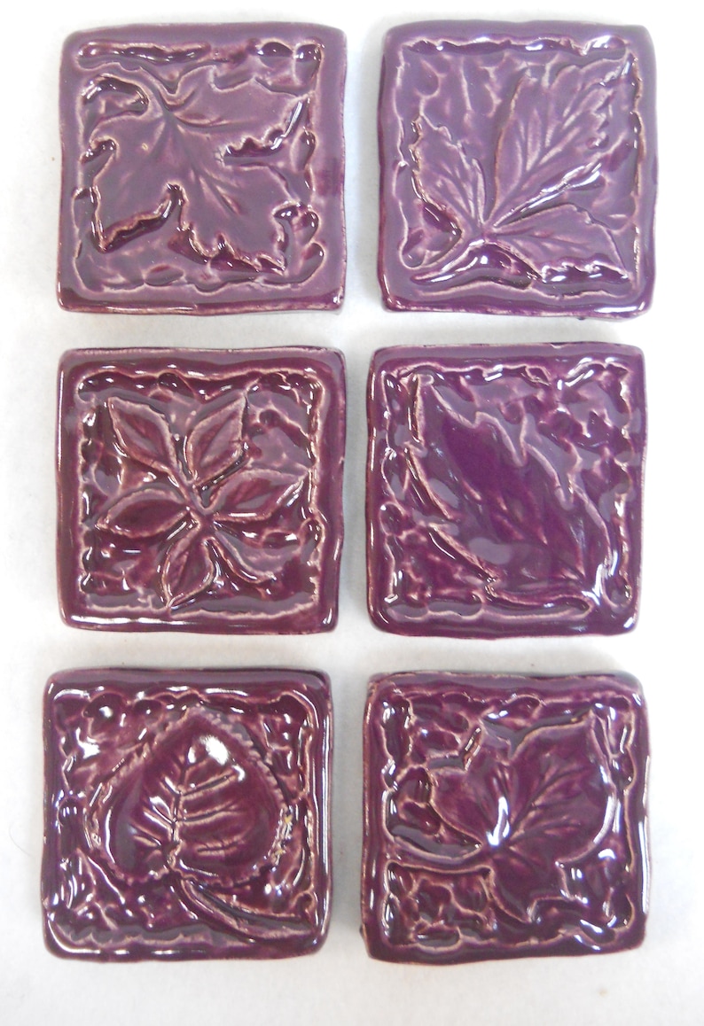 Leaf Mosaic Tiles Handmade Ceramic Craft Tiles: Stoneware Art Tiles Bright Purple Glazed Tiles Set of 6 Mosaic Craft Tiles image 1