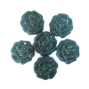 Ceramic Rosette Tiles: Set of 6, Handmade Mosaic Tiles, 2&quot; Stoneware Art Tiles. Deep Teal Blue Glazed Craft Tiles