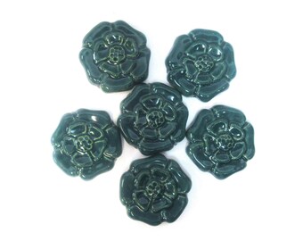 Ceramic Rosette Tiles: Set of 6, Handmade Mosaic Tiles, 2" Stoneware Art Tiles. Deep Teal Blue Glazed Craft Tiles