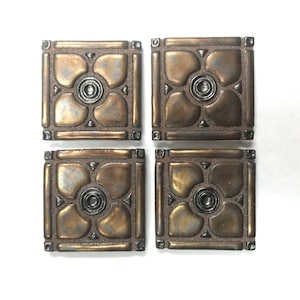 Grouted Ceramic Mosaic Tiles, Dogwood Pattern Craft Tiles:  2-inch Metallic Old Gold Glazed Tiles for Mosaics. Set of 4