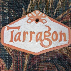 Tarragon Herb Garden Marker Tile Plant Sign: Handmade Ceramic Raised Letter Stoneware Herb Outdoor Decor