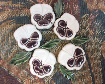 Pansy Craft Tiles, Handmade Ceramic White and Deep Purple Floral Mosaic Tiles,  set of 5 pansies & 5 leaves, Life-sized Flower Art