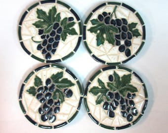 Ceramic Mosaic Grape Cluster Coasters, Set of 4 Blue Grape Handmade Stoneware Coasters, Trivets