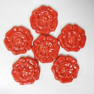 Rosette Mosaic Tiles, Set of 6,  Handmade Ceramic 2&quot; Stoneware Mosaic Art Tiles, Bright Red Craft Tiles, Mosaic Pieces