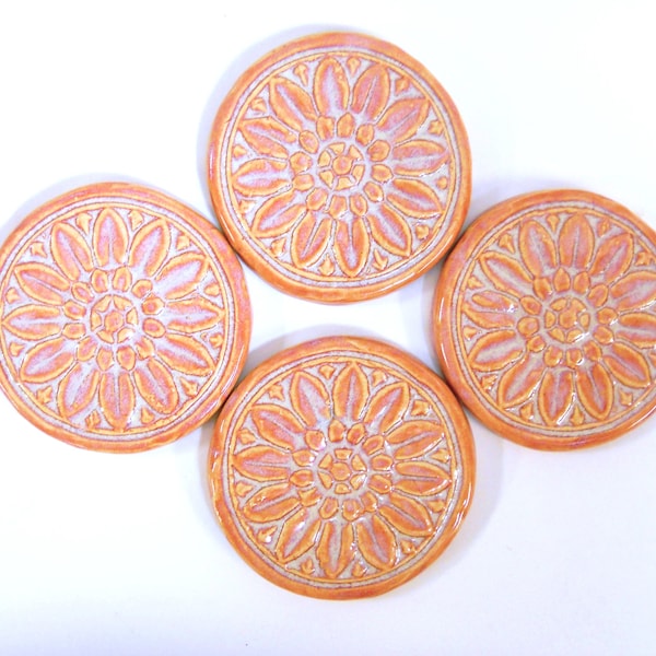 Floral Medallion Mosaic Tiles: 3in. Round Ceramic Tiles, Handmade Ceramic Textured Craft Tiles,  Peach Pink Glazed Mosaic Tiles- set of 4