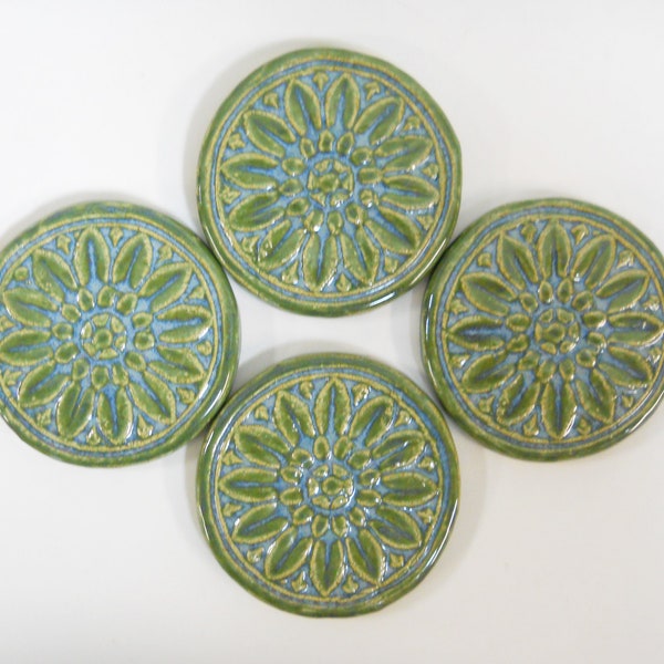 Floral Medallion Mosaic Tiles: 3in. Round Ceramic Tiles, Handmade Ceramic Textured Craft Tiles,  Blue - Green Glazed Mosaic Tiles- set of 4