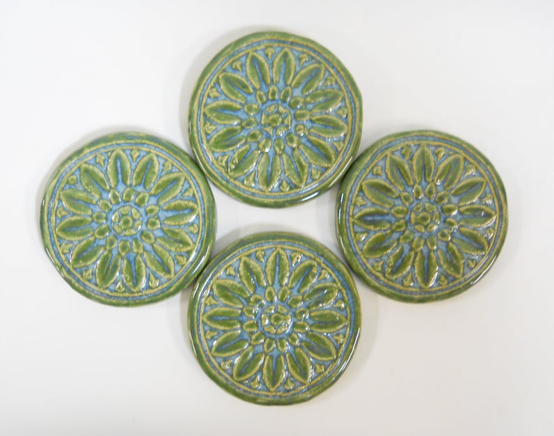 Floral Medallion Mosaic Tiles: 3in. Round Ceramic Tiles, Handmade Ceramic Textured Craft Tiles, Blue Green Glazed Mosaic Tiles set of 4 image 1
