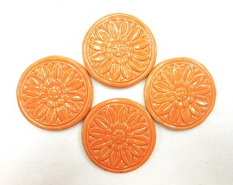 Floral Medallion Ceramic Tiles, Round Mosaic Tiles, Set of 4, Handmade Textured Craft Tiles, Tangerine Orange Glazed Mosaic Pieces