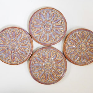 Floral Medallion Mosaic Tiles: 3in. Round Ceramic Tiles, Handmade Ceramic Textured Craft Tiles, Purple Orange  Glazed Mosaic Tiles- set of 4