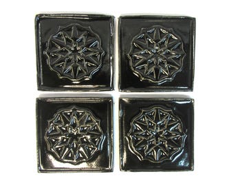 Focal Mosaic Tiles, Gloss Black Glazed Center Tiles, set of 4 Ceramic Corner Tiles, Handmade Ceramic Craft Tiles, #T46
