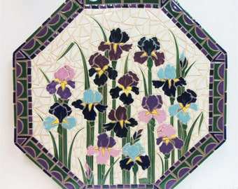 Arte en mosaico de iris barbudo, iris primaverales, 58 x 58 cm, mosaico octagonal para pared: decoración de pared hecha a mano con mosaico de cerámica, mosaico floral