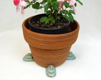 Ceramic Pot Feet  set of 4,  Handmade Ceramic Tiered Pattern Pot Risers, Gifts for Gardeners, Rustic Turquoise Glazed Pot Stands