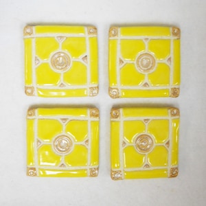 Grouted Mosaic Tiles: Set of 4 Handmade Ceramic Dogwood Pattern Craft Tiles.  Lemon Yellow Mosaic Tiles.  Butter Yellow Glazed Tiles.