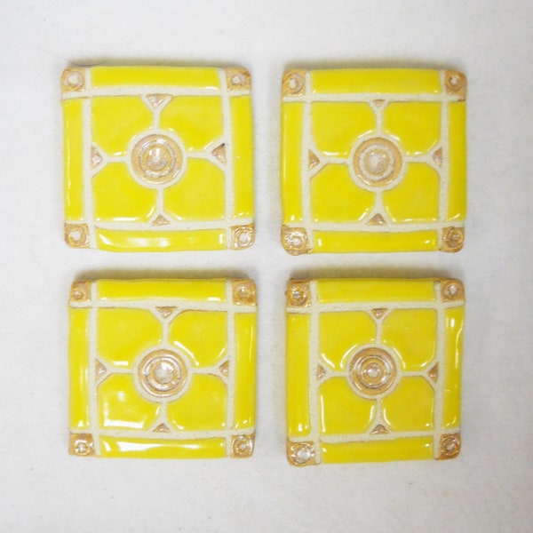 Grouted Mosaic Tiles: Handmade Ceramic Dogwood Pattern Craft Tiles.  Lemon Yellow Mosaic Tiles.  Butter Yellow Glazed Tiles.  Set of 4