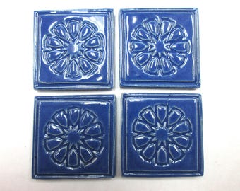 Focal Craft Tiles,  2" Deep Sky Blue Mosaic Center Tiles, set of 4, Mid Blue Ceramic Corner Tiles, Handmade Mosaic pieces. #T3