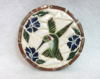 Hummingbird Mosaic Coaster, Handmade Ceramic Tile Coaster, Stoneware Humming Bird  and Blue Batchelor Button Coaster,  Small Mosaic Trivet