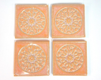 Focal Ceramic Tiles, 2" Light Peach Mosaic Center Tiles set of 4: Geometric Stoneware Corner Pieces. Handmade Craft Tiles. #T17