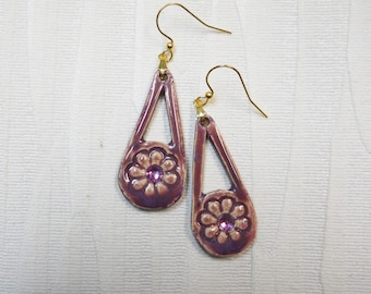 Handmade Ceramic Earrings embellished with  Crystals, Purple Plum Glazed Ceramic Dangle Earrings, Clay Drop Earrings /71-2c