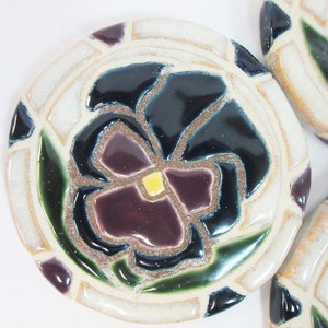 Mosaic Tile Coasters PANSY Handmade Ceramic Tile Coasters Stoneware Floral Art Purple and Navy Blue Set of 4 image 6