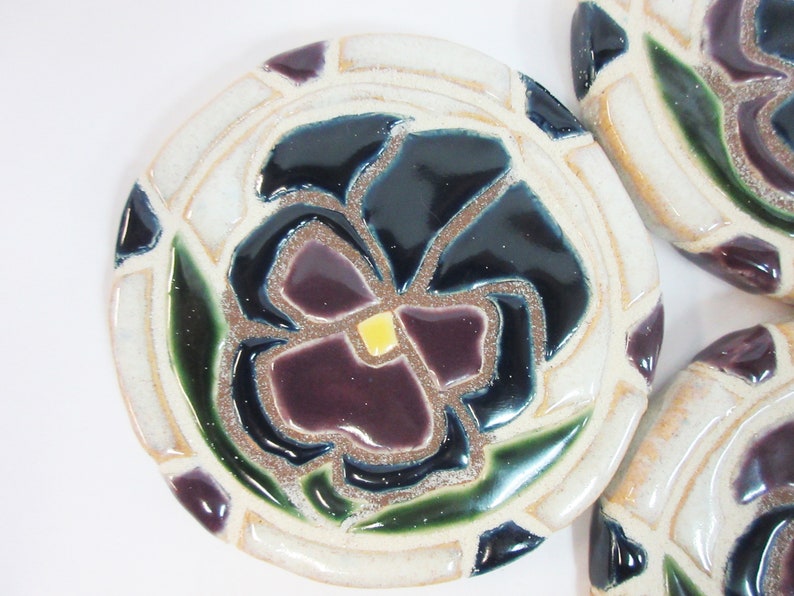 Mosaic Tile Coasters PANSY Handmade Ceramic Tile Coasters Stoneware Floral Art Purple and Navy Blue Set of 4 image 6