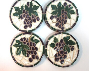 Mosaic Wine Grape Cluster Coasters, Set of 4,  Handmade Ceramic Tile Coasters  Stoneware Purple Grapes