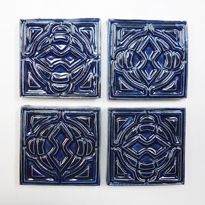 Focal Mosaic Tiles, 2&quot; Navy Blue Mosaic Center Tiles set of 4, Geometric Ceramic Corner Tiles, Handmade Ceramic Craft Tiles. #T5
