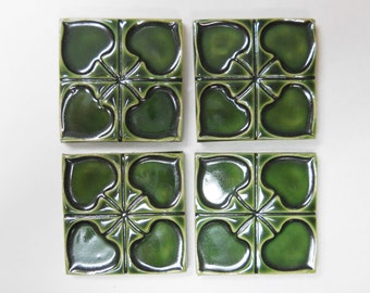 Focal Ceramic Tiles, 2" Holly Green Mosaic Center Tiles, set of 4, Geometric Aspen Leaf Ceramic Corner Pieces, Handmade  Craft Tiles. #T10