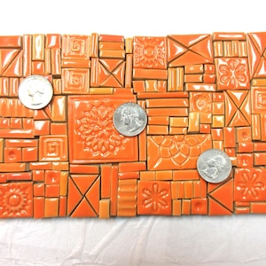 150+ Mosaic Tiles:  Handmade Ceramic Detailing Tiles;  Assorted  Small Shapes, Textures, Sizes. Sunset Orange Tones Glazed Tiles