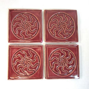 Swirl Focal Tiles,  2" Burgundy Red Mosaic Center Tiles, set of 4, Ceramic Corner Tiles, Handmade Craft Tiles. #T16