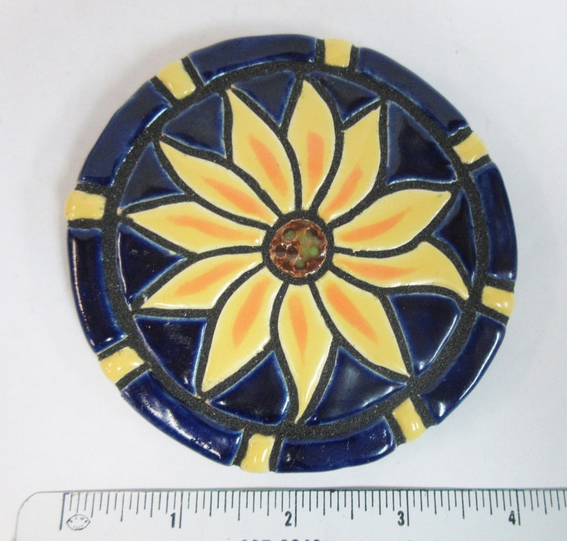 Mosaic Tile Coasters: Handmade Ceramic Tile Coasters Stoneware Art SUNFLOWERS Cobalt / Royal Blue felt backed Set of 4 image 3