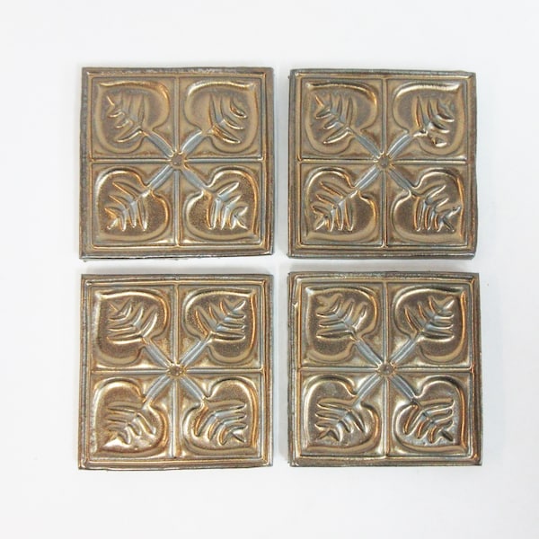 Focal Mosaic Tiles   2-inch Old Gold Center Tiles: set of 4. Aspen Leaf Ceramic Corner Tiles. Handmade Gold Ceramic Craft Tiles. #T11