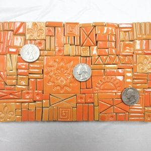 180+ Mosaic Tiles:  Handmade Ceramic Detailing Tiles;  Assorted  Small Shapes, Textures, Sizes. Sunset Orange Tones Glazed Tiles
