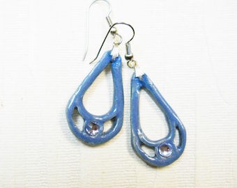 Handmade Ceramic Earrings embellished with  Crystals, Sky Blue Glazed Ceramic Dangle Earrings, Drop Clay Earrings, 43-4c