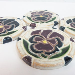 Mosaic Tile Coasters PANSY Handmade Ceramic Tile Coasters Stoneware Floral Art Purple and Navy Blue Set of 4 image 2