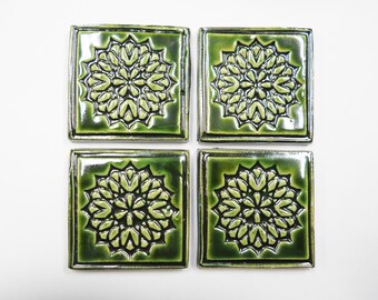 Focal Mosaic Tiles,  2" Holly Green Mosaic Center Tiles, set of 4, Geometric Pattern Ceramic Corner Tiles, Handmade Ceramic Craft Tiles #T20