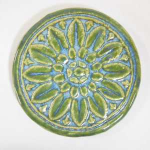 Floral Medallion Mosaic Tiles: 3in. Round Ceramic Tiles, Handmade Ceramic Textured Craft Tiles, Blue Green Glazed Mosaic Tiles set of 4 image 3