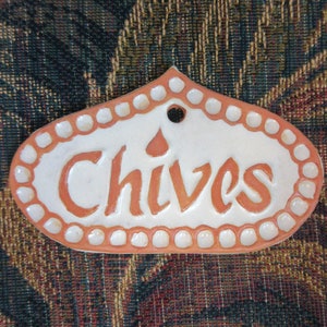 Chives Herb Plant Marker Ceramic Garden Sign:  Handmade Raised Letter Stoneware Tile Herb Garden Art. Outdoor Landscape Decor