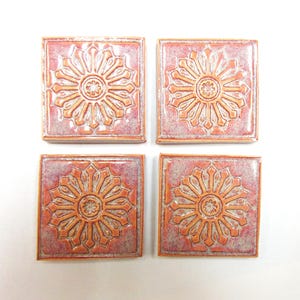 Focal Mosaic Tiles, 2" Rose Pink Orange Mosaic Center Tiles  set of 4: Geometric Ceramic Corner Tiles. Handmade Craft Tiles. #T12