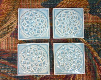 Focal Geometric Tiles, 2" Light Blue Mosaic Center Tiles,  set of 4,  Ceramic Corner Tiles, Handmade Stoneware Craft Tiles. #T55
